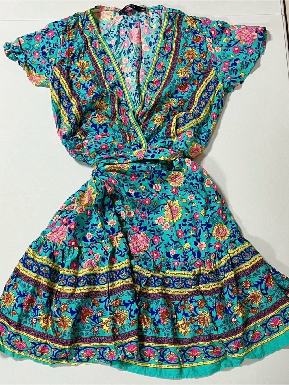 Zesica Blue Floral Boho Bohemian Short Sleeve Belted Wrap Dress Size S 💙✨ #dress